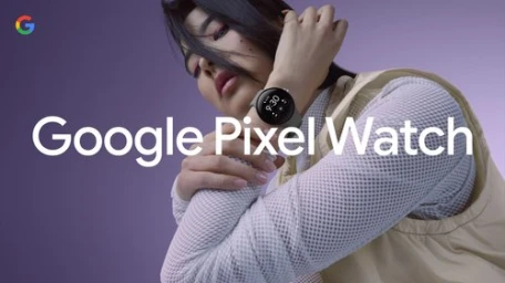 Woman wearing a smartwatch and white mesh vest against a solid purple background with Google Pixel Watch text