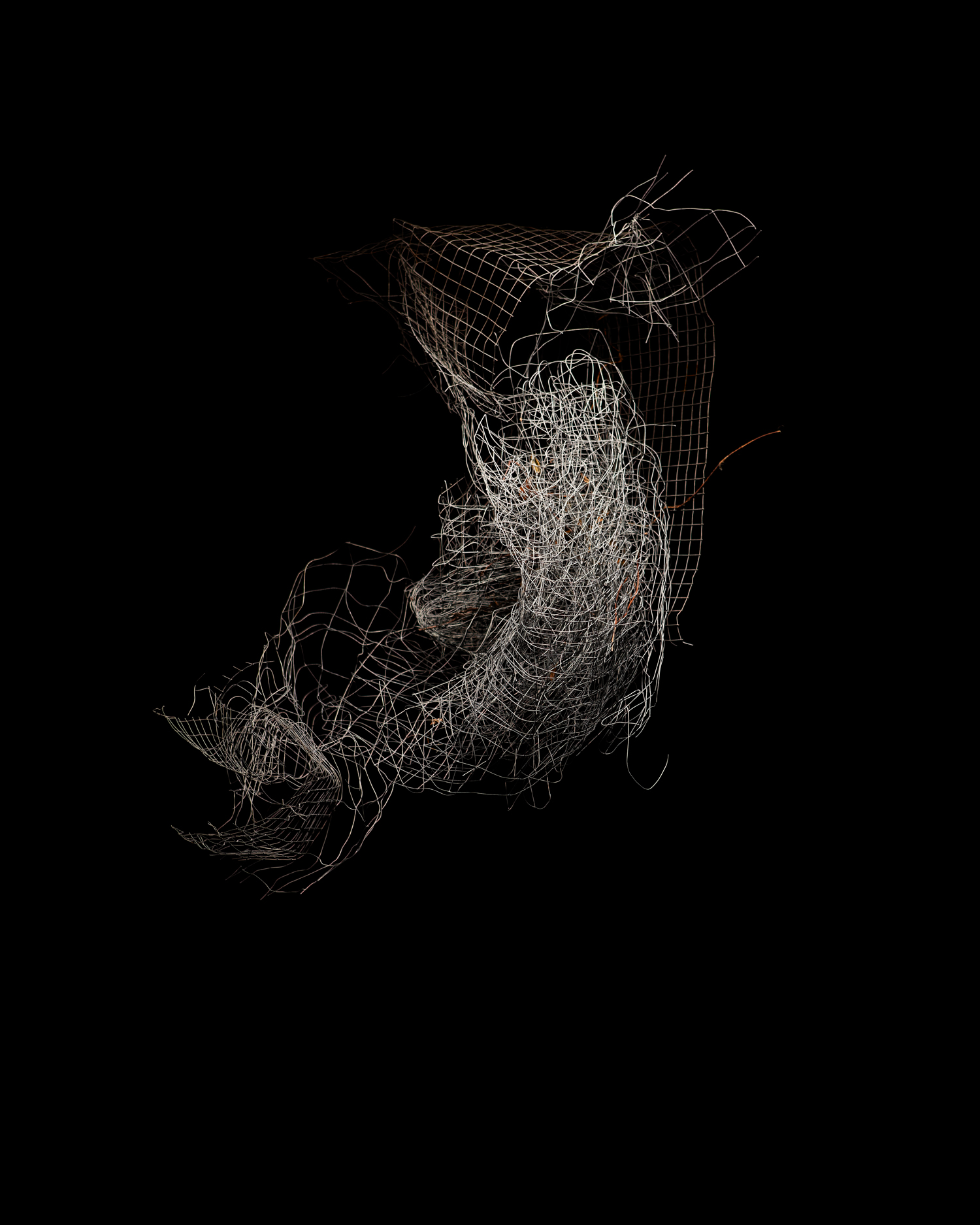 Abstract studio shot of a decaying fishing net suspended in a void, with intricate textures and patterns against a dark background.