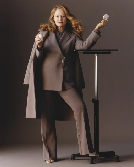 Elegant woman in a stylish suit holding a compact and drink in a studio setting, leaning on a black adjustable table.