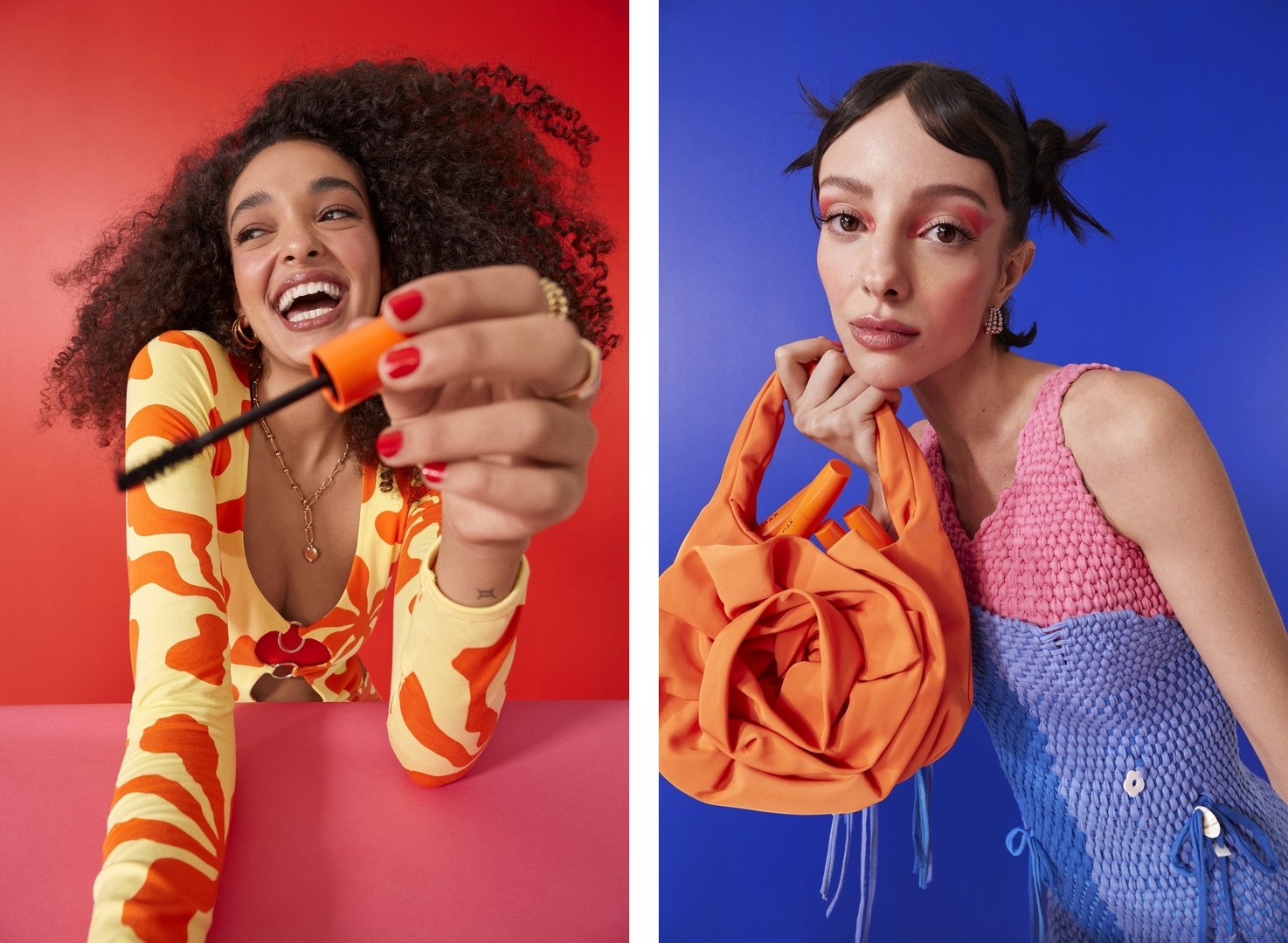 Two models showcase makeup; one holds mascara against a red backdrop, the other carries an orange bag on a blue background.