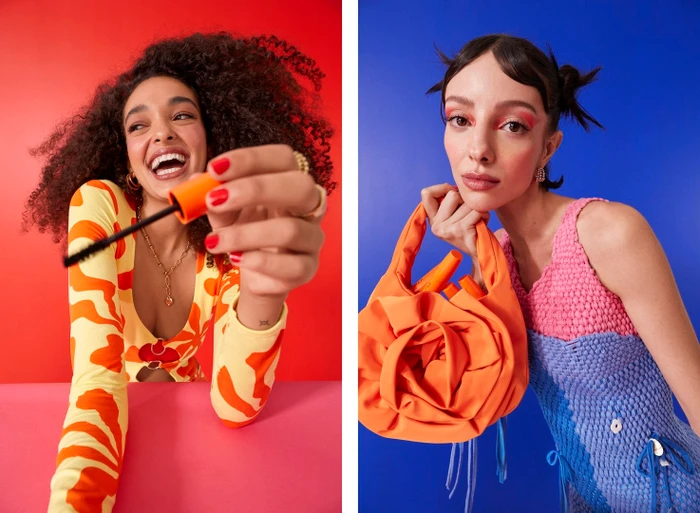 Two fashion portraits side-by-side featuring two models against bright solid backgrounds styled by Kirsten Bookallil.