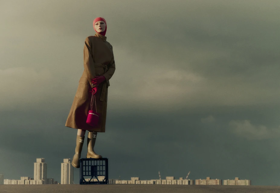 A fair-skinned female fashion model wearing a tan coat, pink gloves and beanie, standing on a crate holding a pink purse in an outdoor scene.