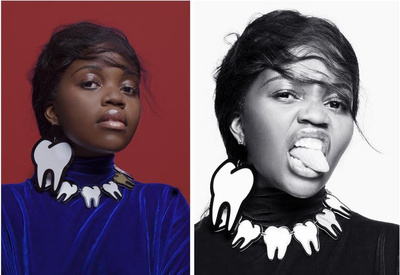 Split-screen portrait of a woman in blue velvet and black turtleneck, adorned with large tooth-shaped earrings and necklace, against red and white.