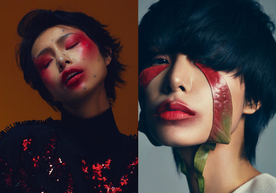 Two portraits showcase makeup art on two adults, with red face paint, leaves, and dark hair, set against neutral backgrounds.