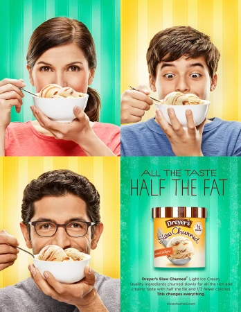 Four-panel advertising layout showing three people eating ice cream from white bowls and a product tub of Dreyer's Slow Churned.