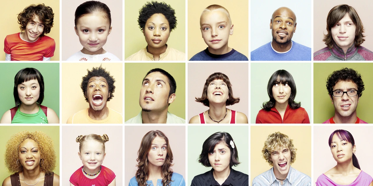 Headshot collage featuring fifteen diverse people with varying hairstyles, expressions, and skin tones against a grid of colored backgrounds.