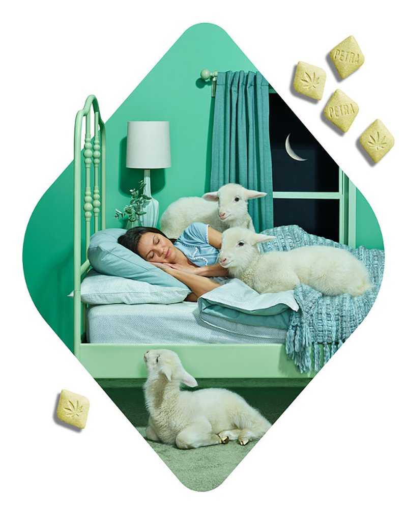 Woman sleeping in a mint green bed with three lambs, promoting sleep aid gummy product with the brand name PEIRA and a cannabis leaf symbol.