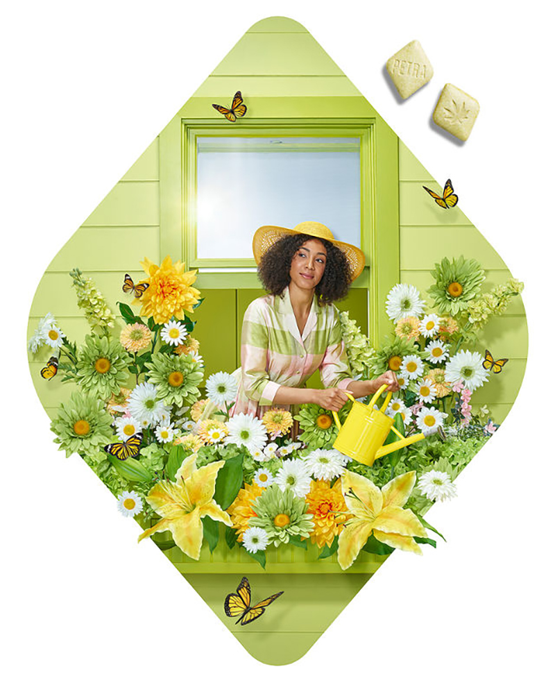 A cheerful woman in a sunhat waters bright flowers in a green window box, framed by a vibrant green diamond shape, with butterflies.