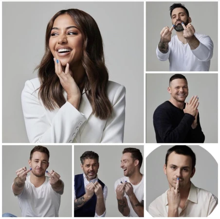 Collage of a smiling woman and five men with painted fingernails. The subjects are in a photo studio with even lighting.