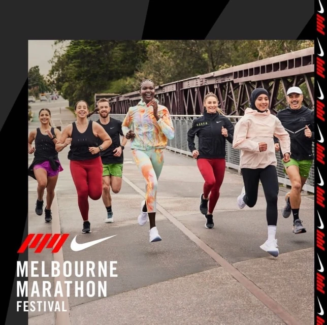 Group of diverse runners on a bridge in Melbourne Marathon Festival promo image. Nike logo and branding visible. 