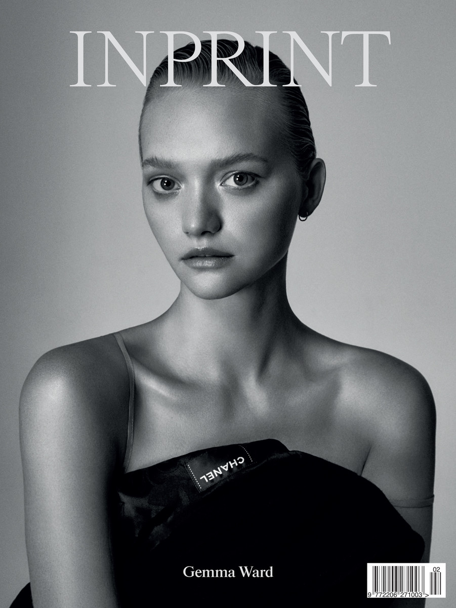 Black and white close-up of Gemma Ward for Inprint magazine cover, featuring a portrait of her with a Chanel jacket accent.