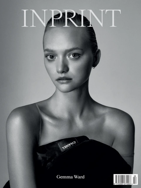 Black and white close-up of Gemma Ward for Inprint magazine cover, featuring a portrait of her with a Chanel jacket accent.