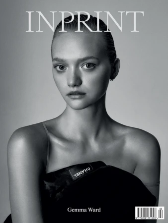 Black and white close-up of Gemma Ward for Inprint magazine cover, featuring a portrait of her with a Chanel jacket accent.