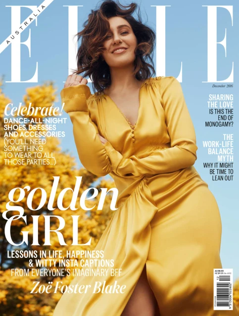 Elle Australia magazine cover featuring Zoë Foster Blake in a golden dress against a blue sky and blurred yellow flowers.