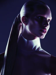 Close-up portrait of a woman with a sleek ponytail and white high-collar top under moody blue and purple lighting.