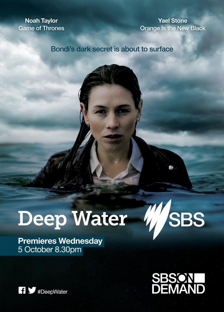 Movie poster for Deep Water featuring a woman in dark water against a cloudy sky, with production details and logos.