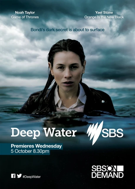 Movie poster for Deep Water featuring a woman in dark water against a cloudy sky, with production details and logos.