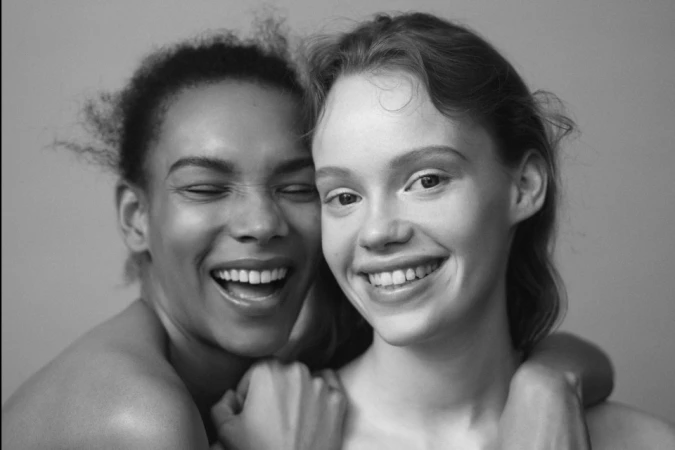 Close-up black and white portrait of two smiling young women embracing each other against a plain background.