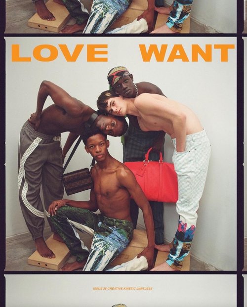 Four young shirtless men pose in a studio with a red handbag, wearing colorful pants and standing on wood surfaces with text overlay.
