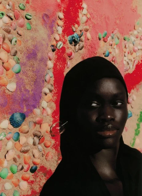Portrait of a woman with dark skin, wearing a black head covering and earrings, set against a backdrop of seashells and colorful paint.