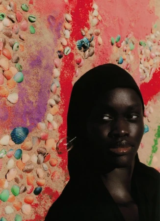 Portrait of a woman with dark skin, wearing a black head covering and earrings, set against a backdrop of seashells and colorful paint.