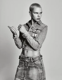 Model with a buzzcut wearing a denim jacket and skirt against a grey background