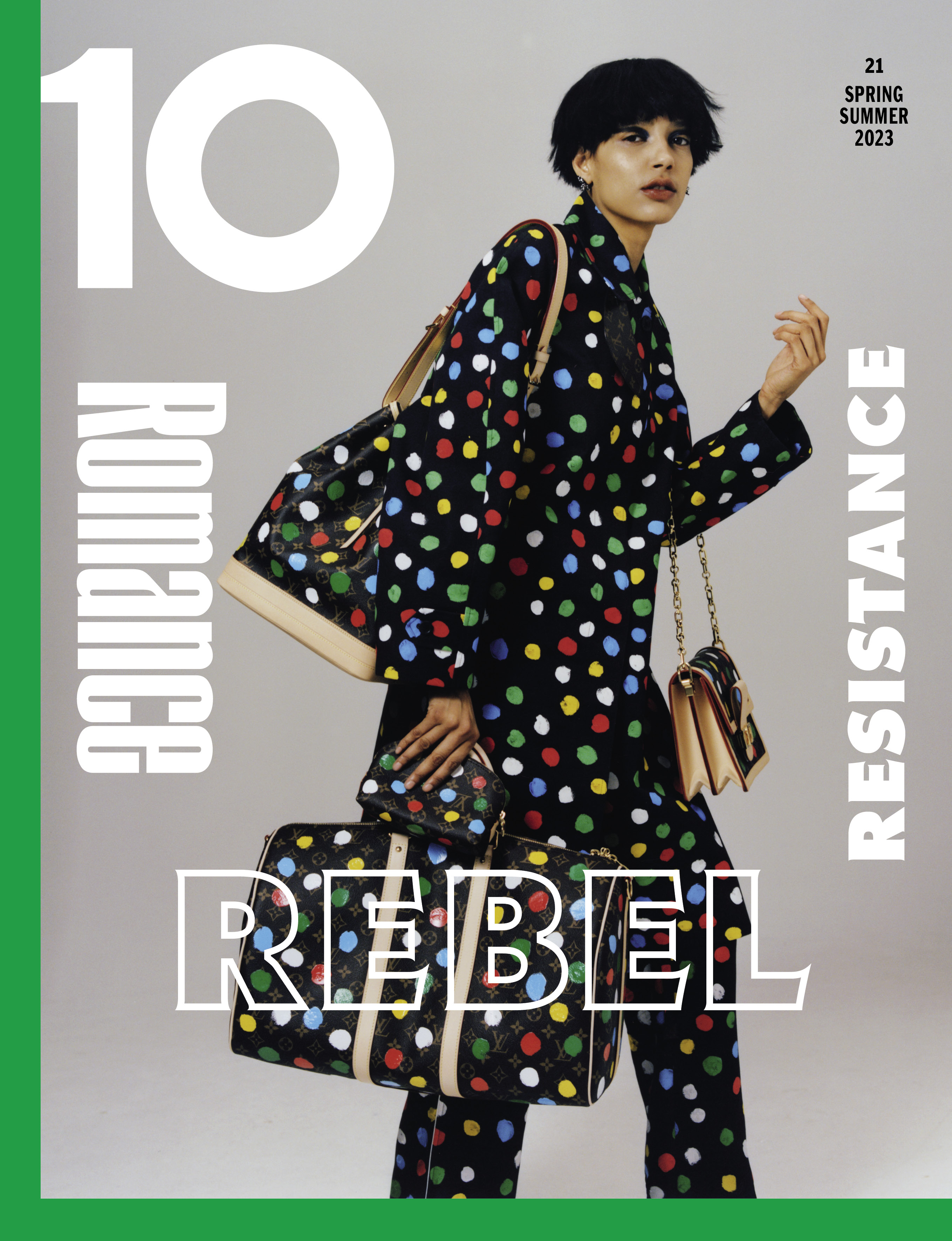 Magazine cover featuring model in polka dot suit with handbags, title '10 Romance Resistance Rebel', spring/summer 2023 edition.