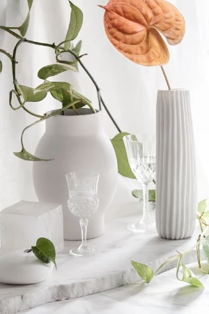 White and minimalist still life featuring assorted glassware, light-colored vases, and a marble surface with assorted plant life.