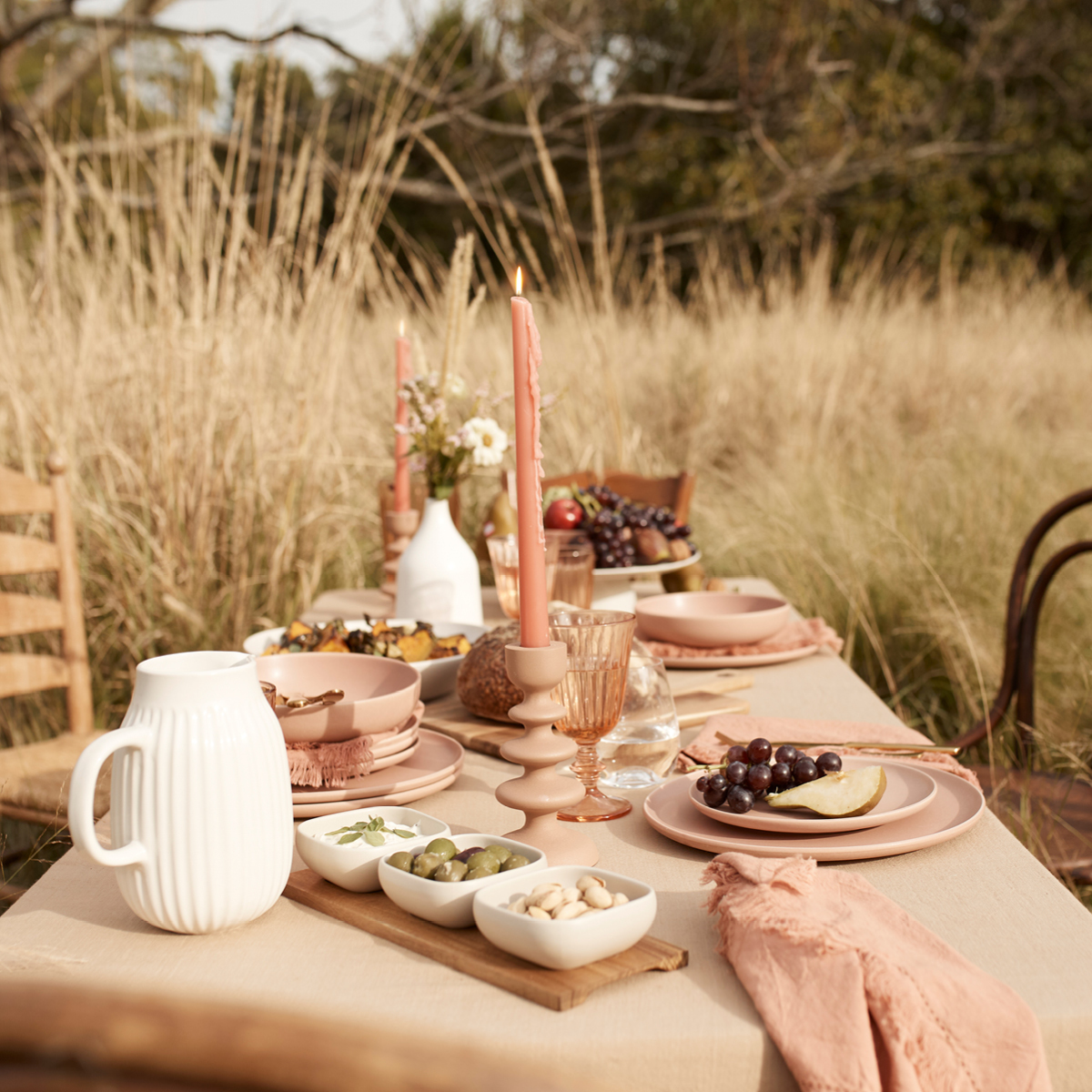 Outdoor dining table with pink tableware, grapes, olives, dip, and a lit candle, set against a background of tall, dry grass.