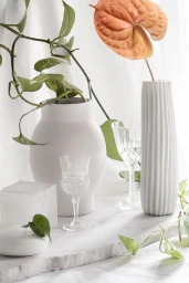 Still life arrangement with white ceramic vases, crystal glassware, and green foliage styled by Aurelie Tamin.