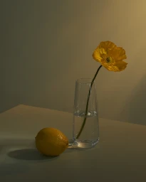 A single yellow poppy in a tall glass vase next to a whole lemon on a tabletop under warm ambient lighting.