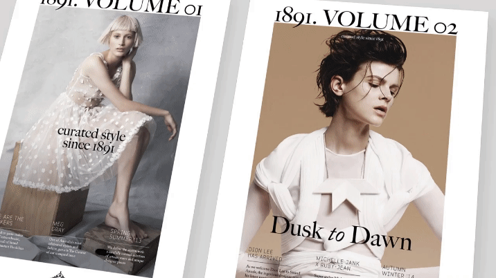 Two magazine covers featuring fashion editorials with models, showcasing curated styles since 1891, with neutral color palettes and modern typography.