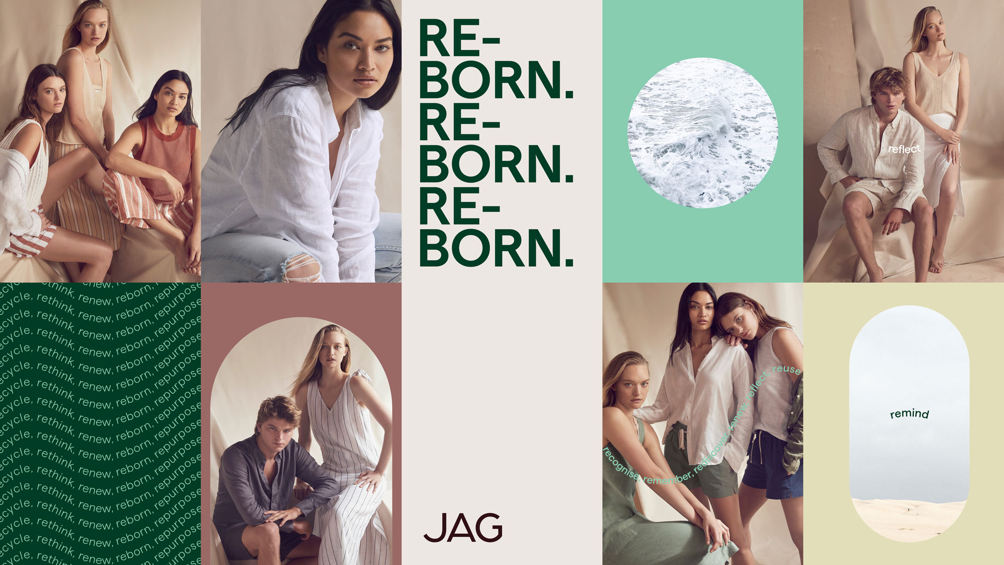 Collage of fashion campaign images with models in neutral clothing; text overlay with the word 'reborn' and brand logos visible.