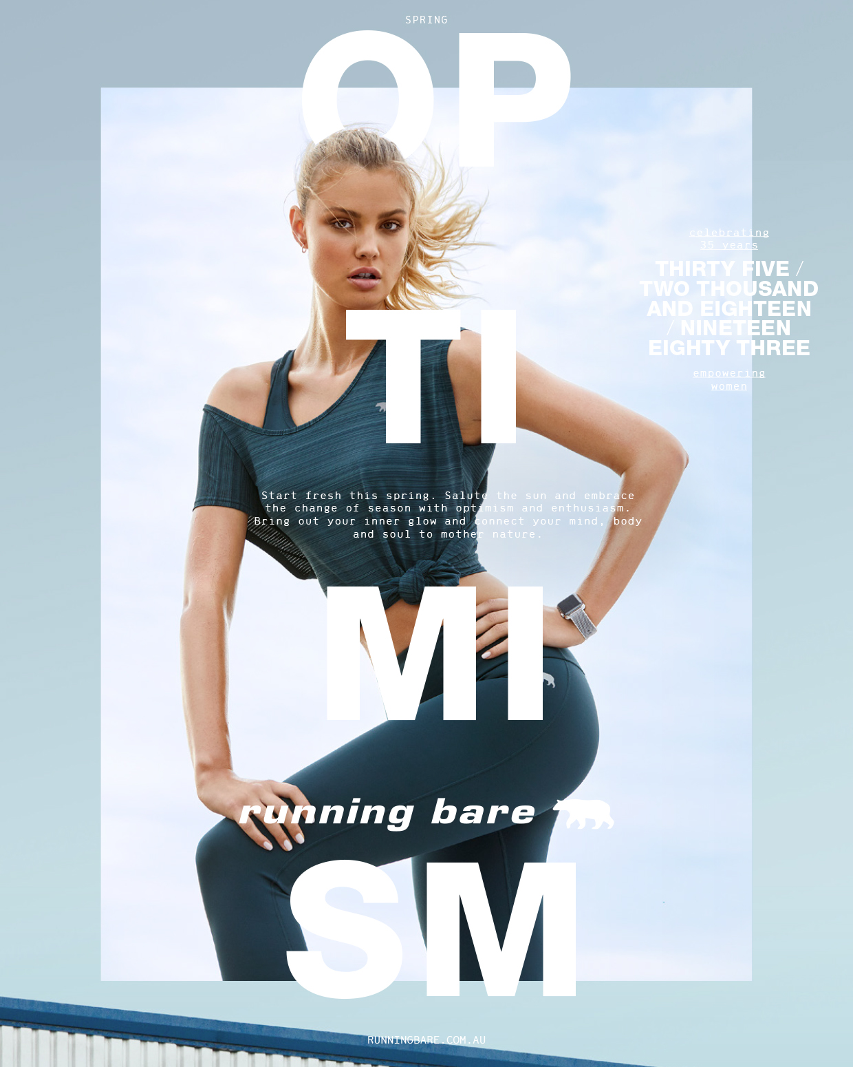 Athletic woman in blue activewear poses for a fashion magazine cover, with large white text overlay and a bright blue sky backdrop.