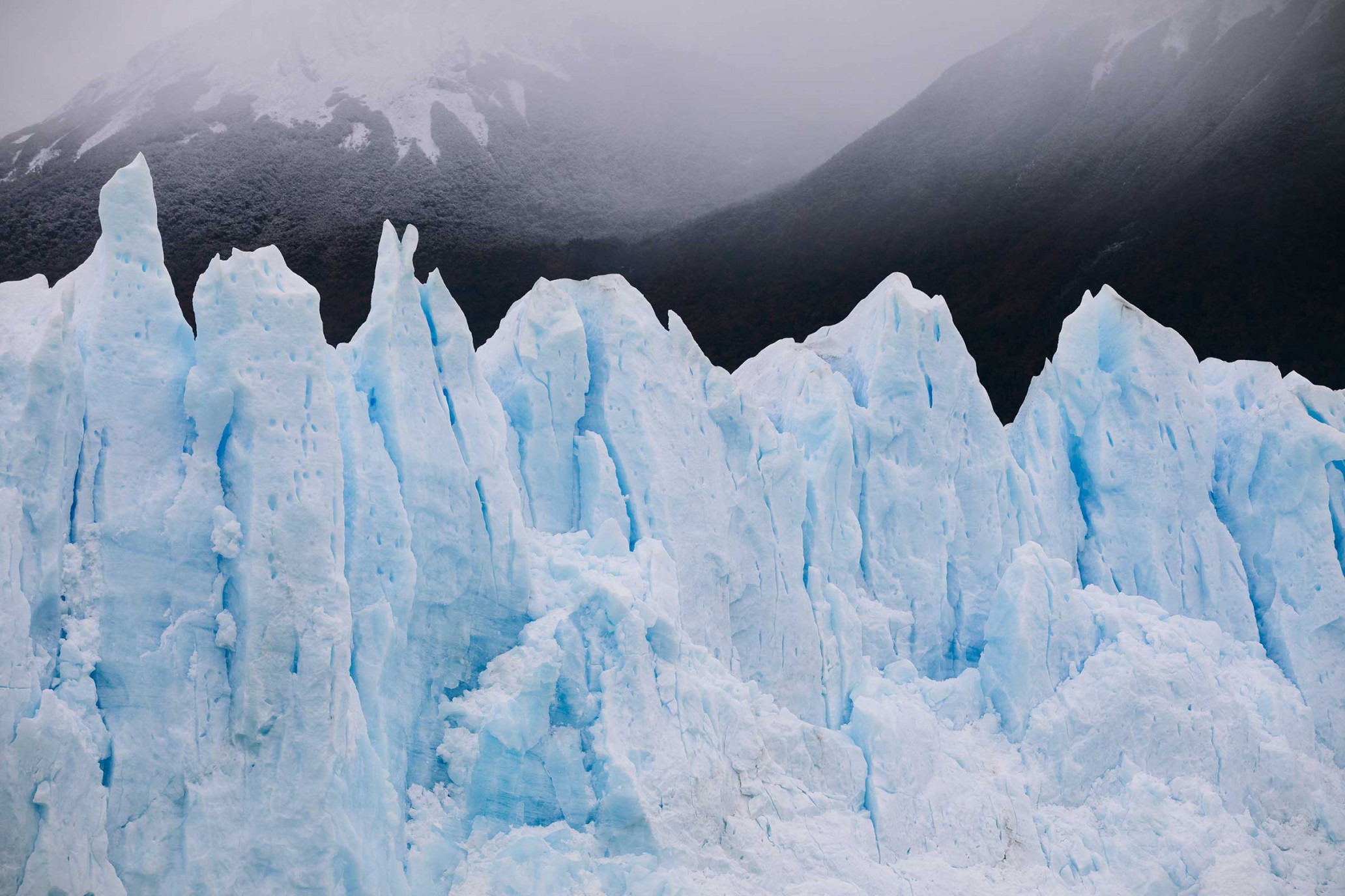 Icy glacier wall with light blue tones contrasts against dark mountain backdrop under an overcast sky.