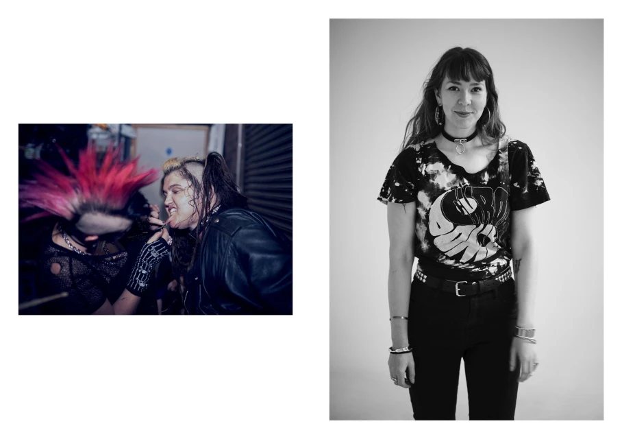 Black and white shot of woman wearing band T-shirt in studio, color image of punks in street style fashion, leather, pink hair.