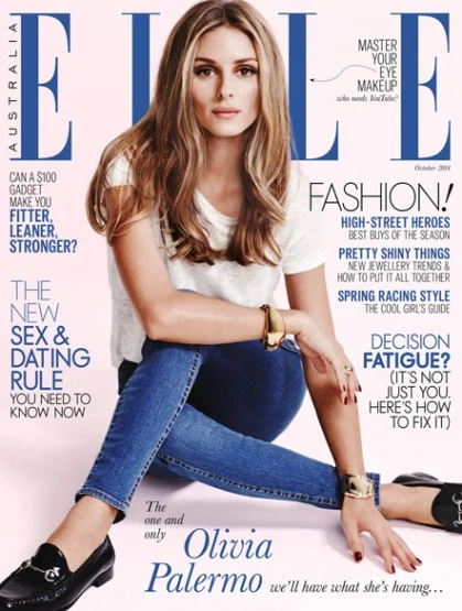 Elle Australia cover featuring Olivia Palermo in a white tee and jeans, seated in a studio with fashion text overlays.