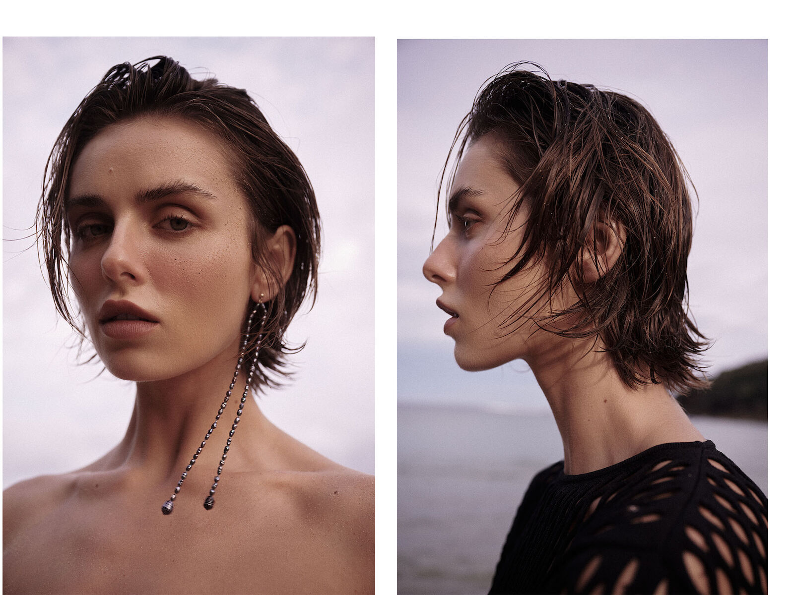 Two portraits of a young woman with short brown hair and light skin, wearing long earrings and a black patterned top against an outdoor background.