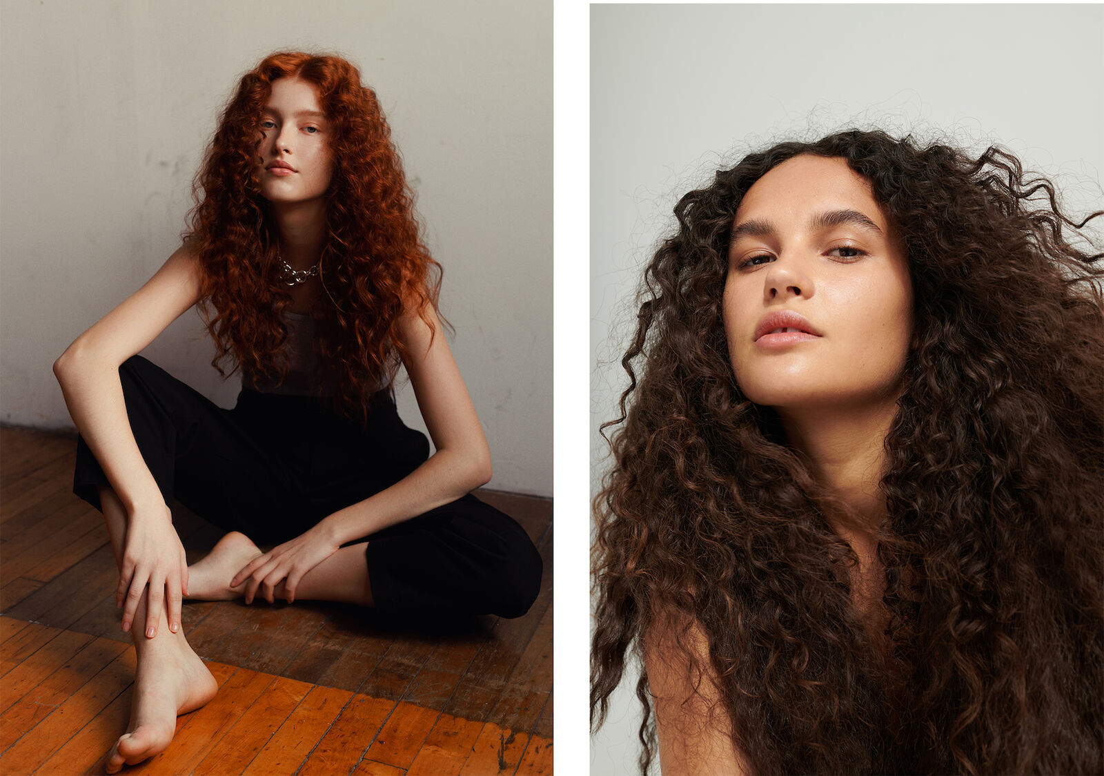 Two women pose indoors with long, curly hair; one with auburn hair sits, and one is a close-up with dark brown curly hair.