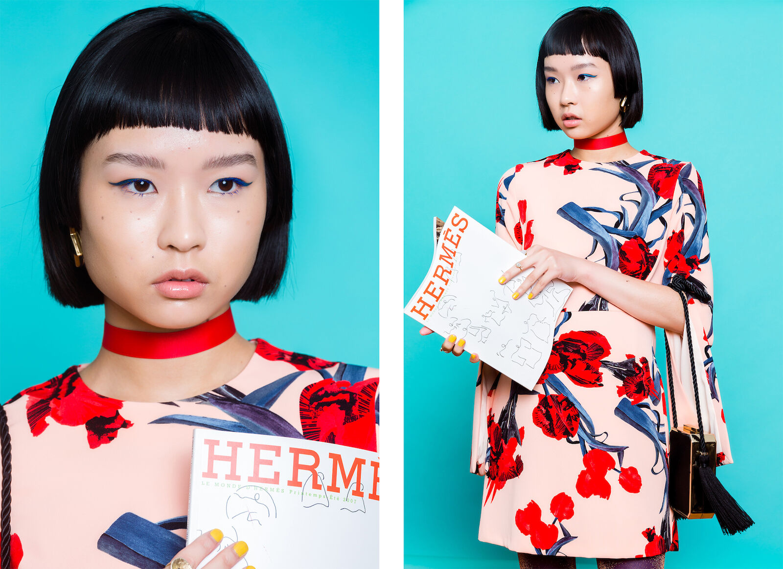 Portrait of a young Asian woman in a floral dress holding a magazine against a vibrant blue background. Close-up shows details of her makeup and choker.