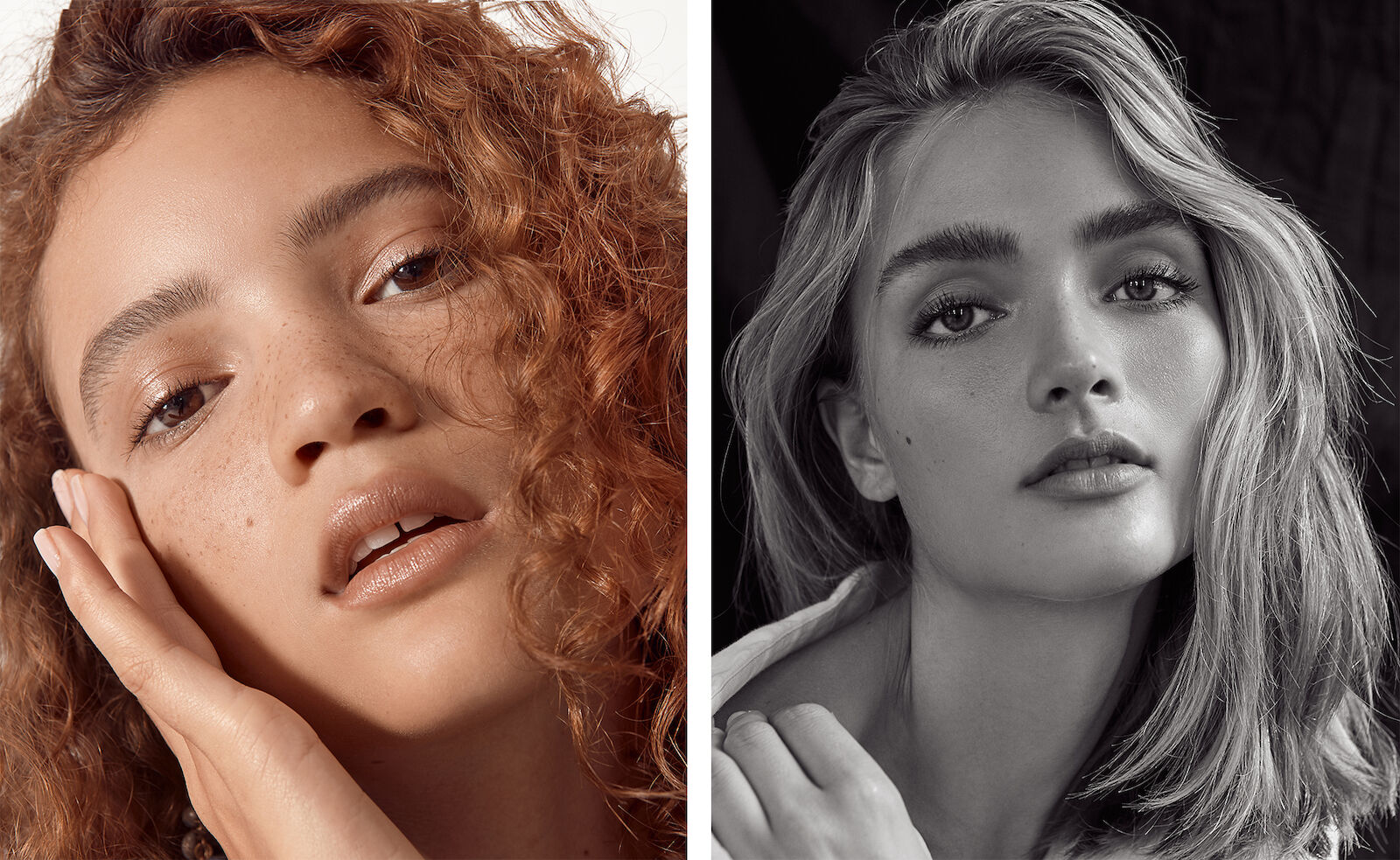 Two beauty portraits show women with natural makeup, glowing skin, and soft lighting, one in color and one in black and white. 
