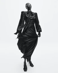 Monochrome fashion portrait of a Black woman wearing a long black dress against a plain white background.