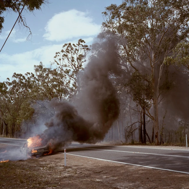 Car engulfed in flames on a roadside next to trees with black smoke rising. Dramatic scene shows the aftermath of an incident.