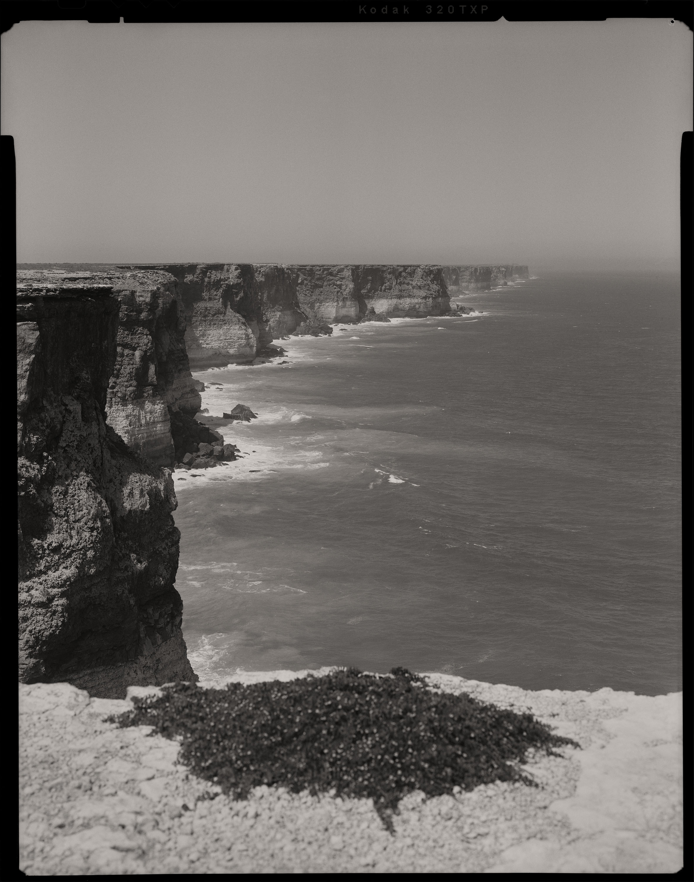Coastal cliffs meet the ocean, offering a dramatic seascape. The cliffs are layered rock formations with vegetation, photographed in monochrome.