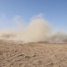 Dust cloud rising over a flat sandy desert terrain under a clear blue sky, photographed by Ingvar Kenne.