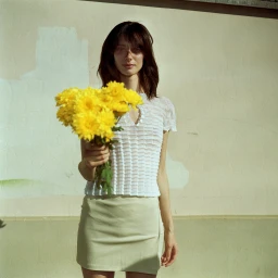 Woman in white textured top holding a large bouquet of bright yellow flowers against a faded wall.