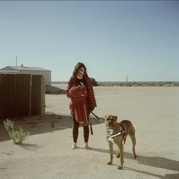 Woman standing on a dusty ground with a brindle boxer dog in front of a corrugated iron fence under a clear sky.