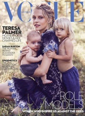 Vogue Australia cover features Teresa Palmer with her two children outdoors in a grassy field, fashion and celebrity lifestyle editorial.