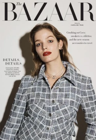 Fashion magazine cover featuring a stylish woman in a patterned jacket and a bold red lip, with 'The BAZAAR' logo prominently displayed.