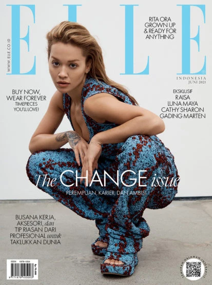 Elle Indonesia magazine cover featuring Rita Ora in a printed jumpsuit, crouching against a neutral background, promoting the 'Change' issue.